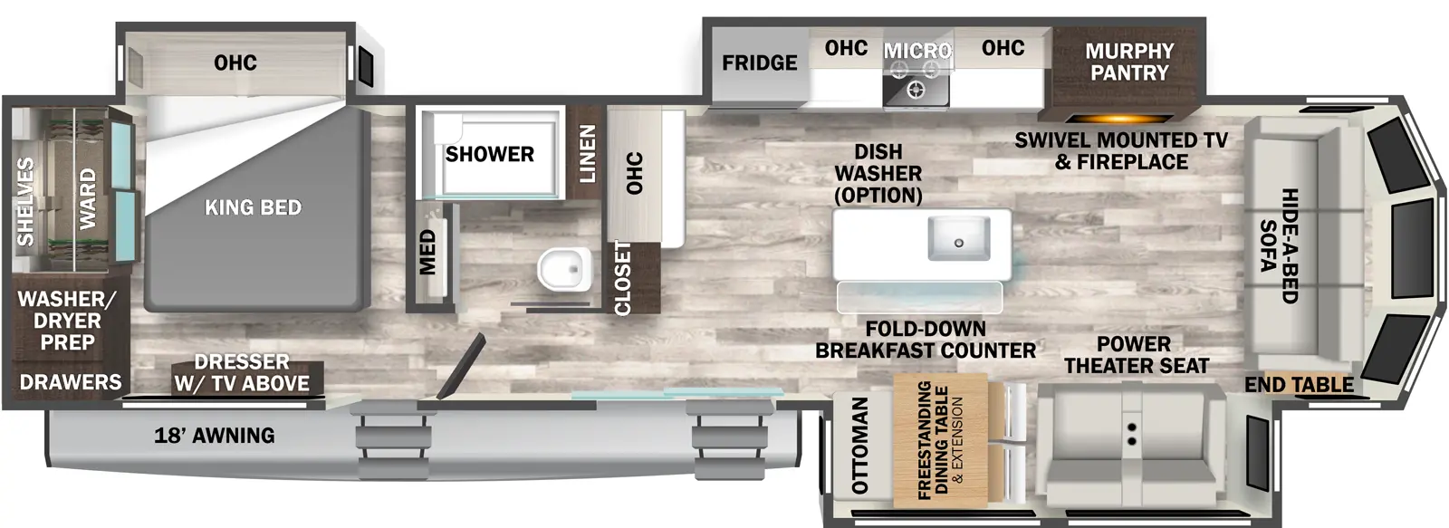 The 40CCK has three slideouts and two entries. Exterior features include an 18 foot awning. Interior layout front to back: hide-a-bed sofa with end table in front alcove with windows; door side slideout with power theater seating and free-standing dining table with extension and ottoman; kitchen island with sink and fold-down breakfast counter (dish washer optional); off-door side slideout with murphy pantry behind swivel mounted TV and fireplace, microwave, cooktop, overhead cabinets and refrigerator; closet, countertop and overhead cabinets along inner wall; sliding glass door entry; off-door side full bathroom with medicine cabinet and linen closet; rear bedroom with step entry, off-door side king bed slideout with overhead cabinets, dresser with TV above, wardrobe with shelves, drawers and closet with washer/dryer prep.